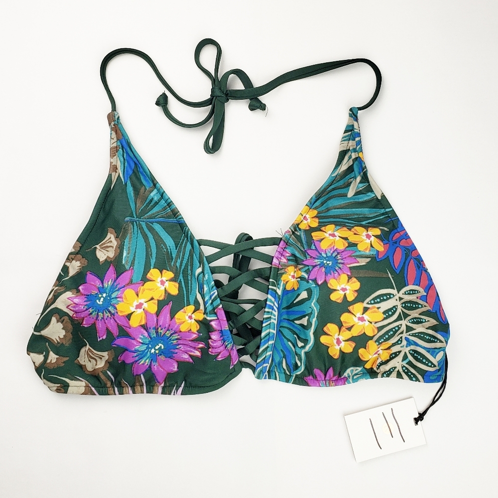 NEW Shade & Shore Strappy Halter Bikini Top Green Tropical